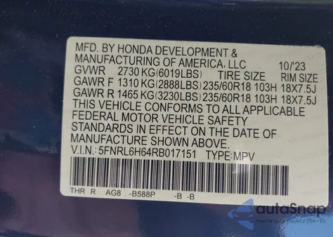 2024 Honda Odyssey Ex-L from USA, damaged, VIN 5FNRL6H64RB017151